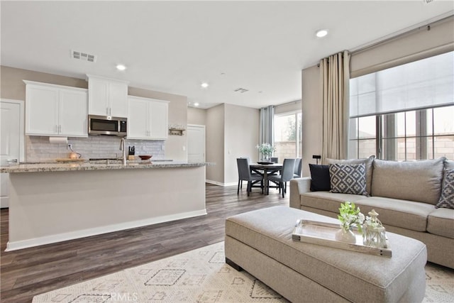 living room with dark hardwood / wood-style floors and sink