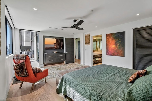 405 26th St, Manhattan Beach, CA 90266 - bedroom featuring light wood-style floors, baseboards, recessed lighting, and a ceiling fan