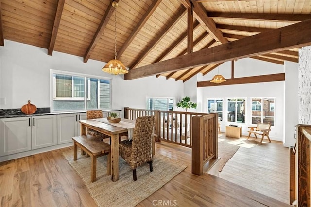 dining room with wood ceiling, high vaulted ceiling, beamed ceiling, and light wood-type flooring