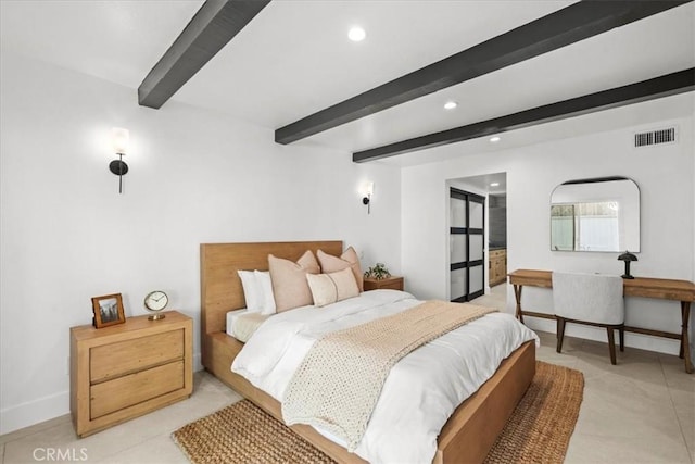 bedroom with beam ceiling