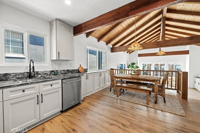 kitchen featuring white cabinetry, hanging light fixtures, lofted ceiling with beams, and stainless steel dishwasher