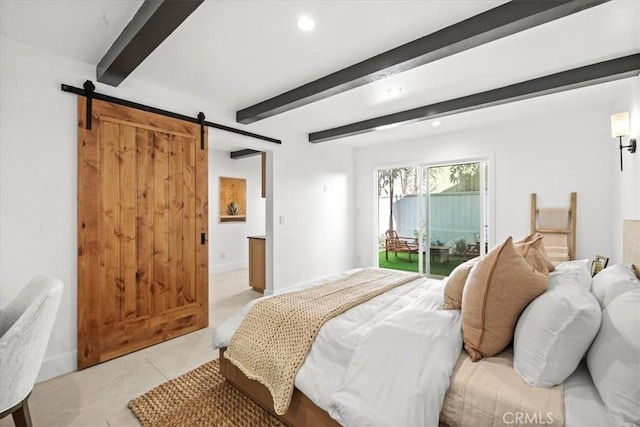 tiled bedroom with beamed ceiling, a barn door, and access to outside