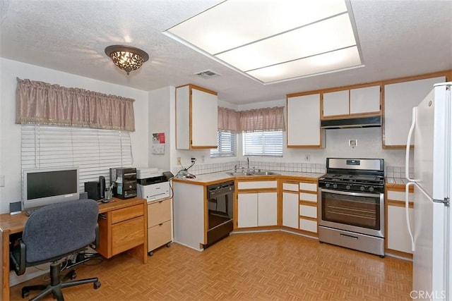 kitchen featuring white cabinetry, dishwasher, gas stove, and white fridge