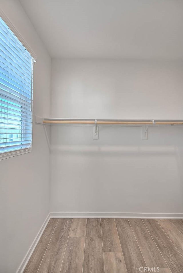 walk in closet with light hardwood / wood-style floors