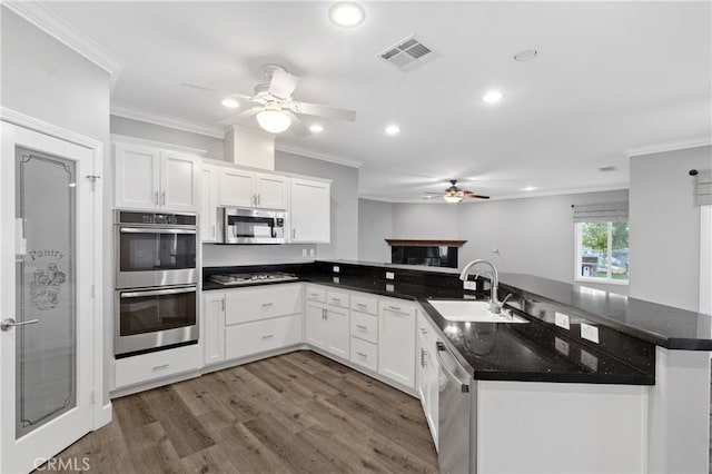 kitchen with visible vents, appliances with stainless steel finishes, white cabinetry, a sink, and a peninsula