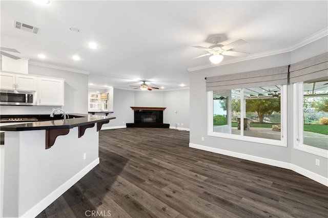 kitchen with visible vents, stainless steel microwave, a glass covered fireplace, and ornamental molding