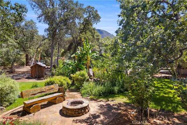 view of patio / terrace featuring a storage unit, a fire pit, a mountain view, and an outbuilding