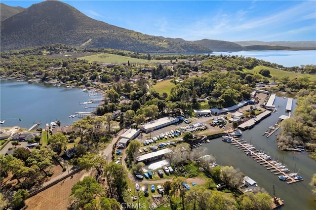 birds eye view of property with a water and mountain view