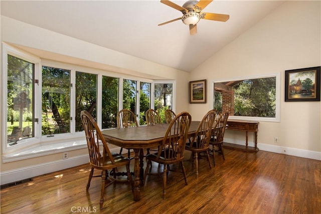 dining space featuring lofted ceiling, a ceiling fan, visible vents, baseboards, and dark wood finished floors