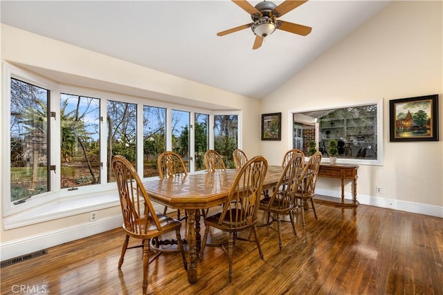 dining area featuring lofted ceiling, visible vents, a ceiling fan, wood finished floors, and baseboards