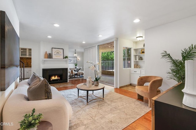 living room with light wood-type flooring and built in shelves