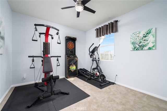 workout room featuring ceiling fan and carpet flooring