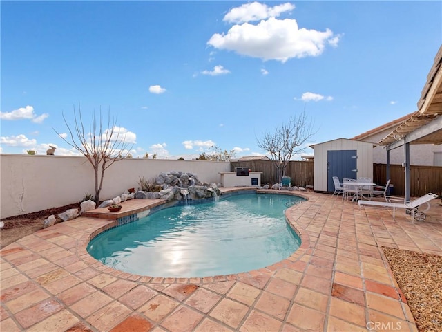 view of swimming pool featuring a storage shed and a patio