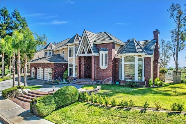 tudor-style house with brick siding, driveway, a chimney, and a front lawn