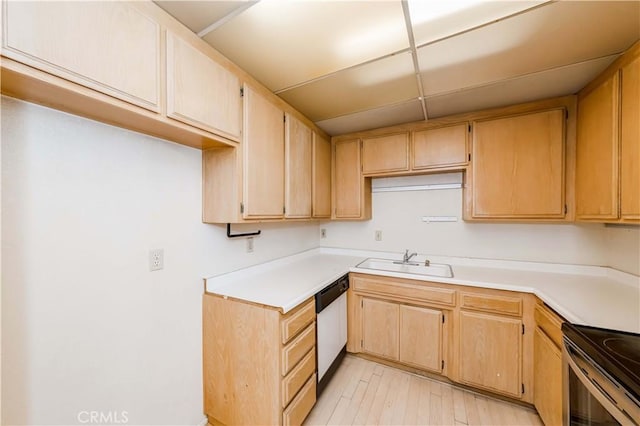 kitchen featuring appliances with stainless steel finishes, sink, light brown cabinets, and light wood-type flooring