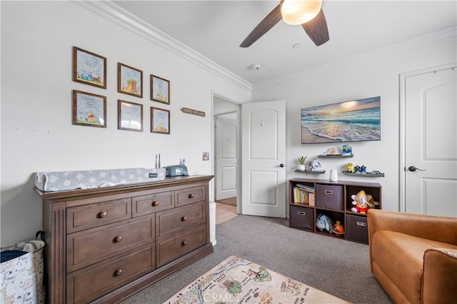 interior space featuring light carpet, crown molding, and ceiling fan