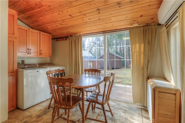 17193 Manzanita St, Stirling City, CA 95978 - dining space featuring vaulted ceiling, a wall mounted AC, wood ceiling, and washer and dryer