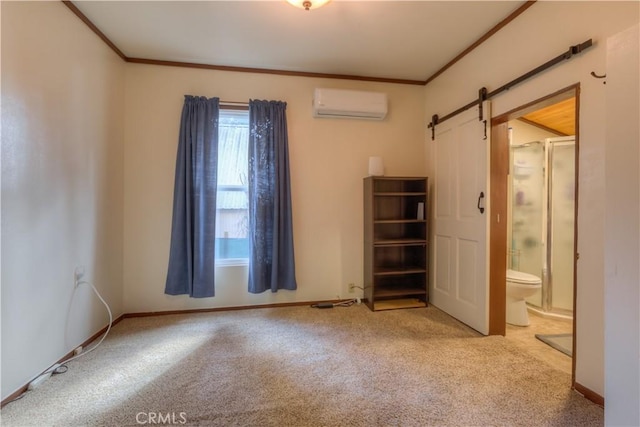 17193 Manzanita St, Stirling City, CA 95978 - unfurnished bedroom featuring carpet floors, a barn door, a wall mounted AC, and crown molding