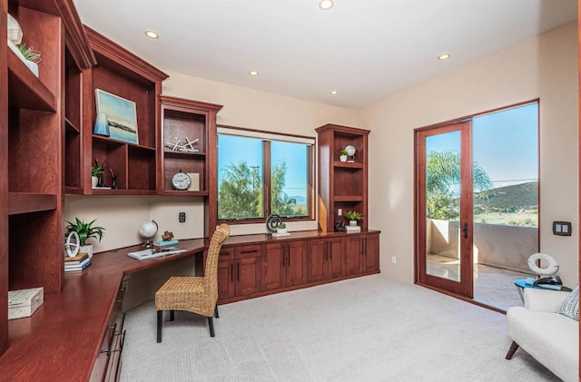 carpeted office space with plenty of natural light and built in desk