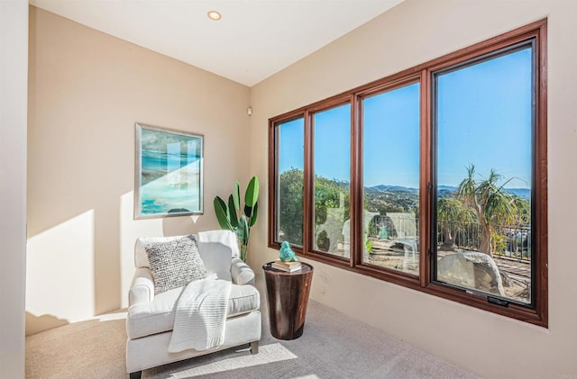 sitting room featuring a mountain view and carpet floors