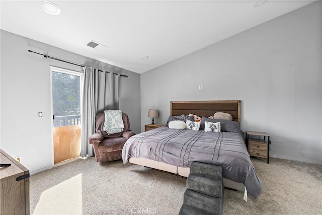 bedroom with vaulted ceiling, access to outside, carpet, and visible vents