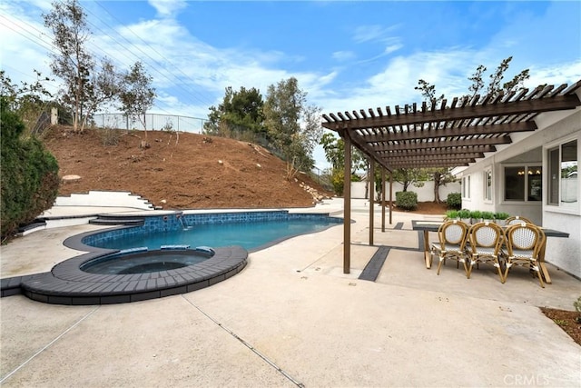 view of swimming pool with a pergola, a patio area, and an in ground hot tub