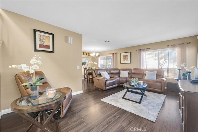 living room featuring a wealth of natural light, a notable chandelier, and dark hardwood / wood-style flooring