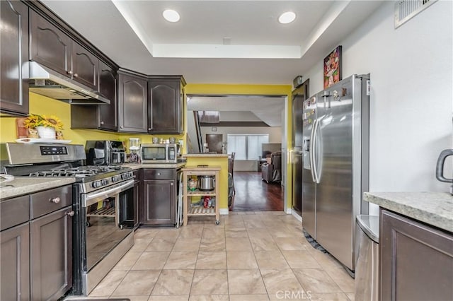 kitchen featuring stainless steel appliances, dark brown cabinetry, and a tray ceiling