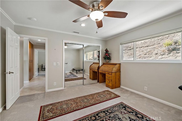 office space featuring ornamental molding and light colored carpet