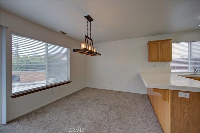 unfurnished dining area featuring light colored carpet, baseboards, and a healthy amount of sunlight