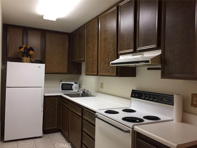 675 N Los Felices Cir W Unit J107, Palm Springs, CA 92262 - kitchen with white appliances, under cabinet range hood, dark brown cabinetry, light countertops, and a sink