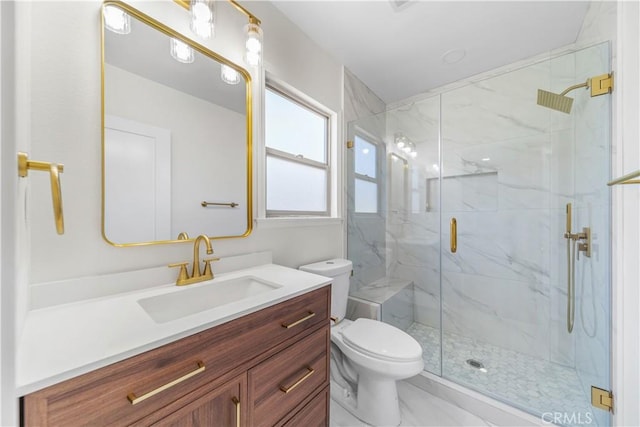 bathroom with vanity, an enclosed shower, and toilet