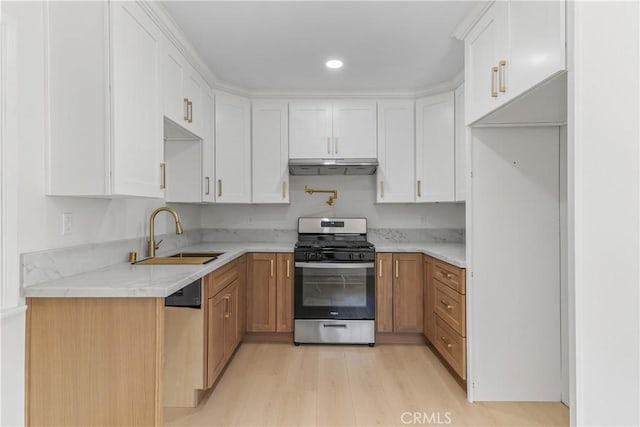 kitchen featuring sink, stainless steel appliances, light stone counters, white cabinets, and light wood-type flooring