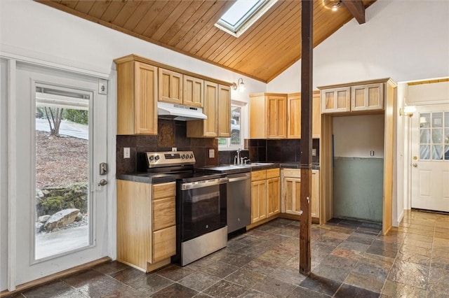 kitchen featuring wooden ceiling, stainless steel appliances, tasteful backsplash, and light brown cabinets