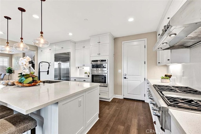 kitchen with extractor fan, decorative light fixtures, an island with sink, stainless steel appliances, and white cabinets