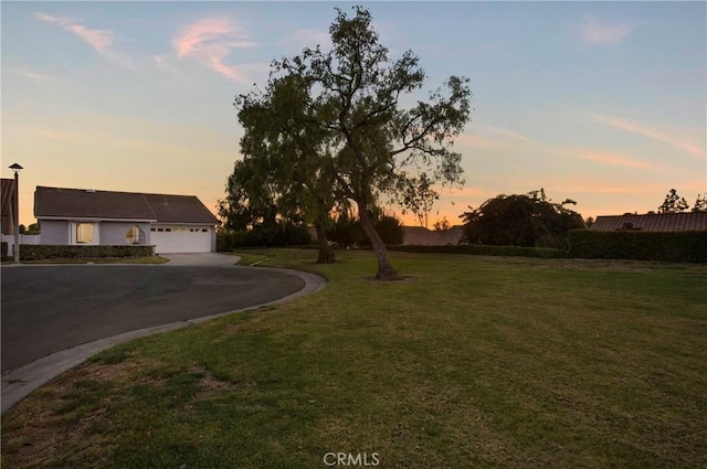 view of front of home with a yard and a garage