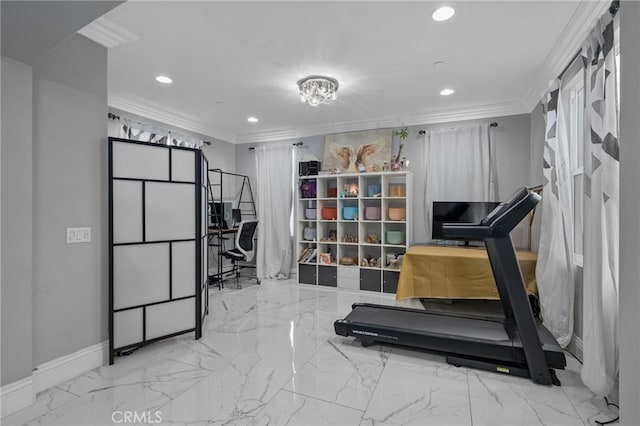 workout area featuring crown molding