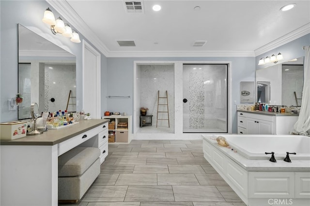 bathroom with ornamental molding, separate shower and tub, and vanity