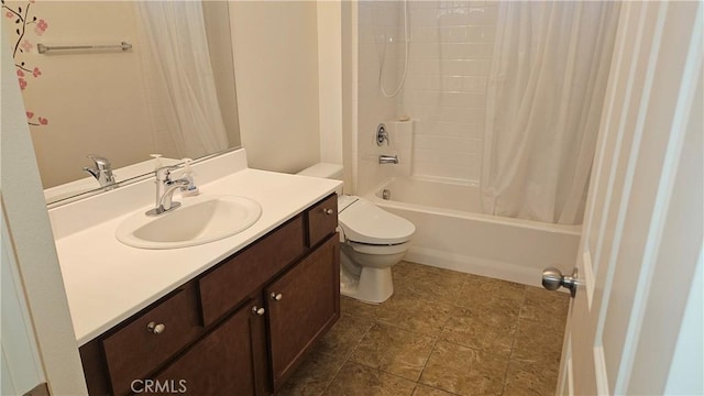 full bath featuring shower / bathtub combination with curtain, toilet, and vanity