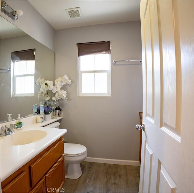 bathroom featuring toilet, vanity, and wood-type flooring