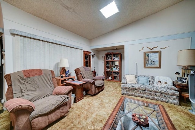 carpeted living room with lofted ceiling and a textured ceiling