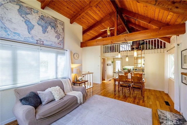 living room featuring beamed ceiling, a wealth of natural light, wooden ceiling, and light wood-type flooring