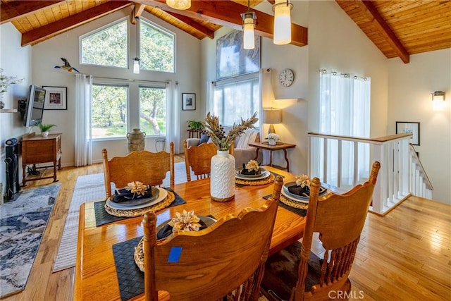 dining area featuring high vaulted ceiling, beam ceiling, wooden ceiling, and light wood-type flooring