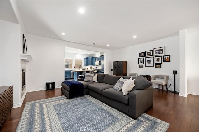 living room featuring dark wood-type flooring