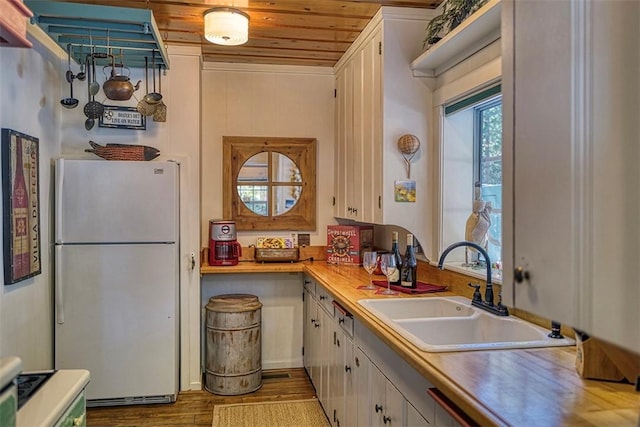 kitchen featuring sink, wood ceiling, white cabinets, and white fridge