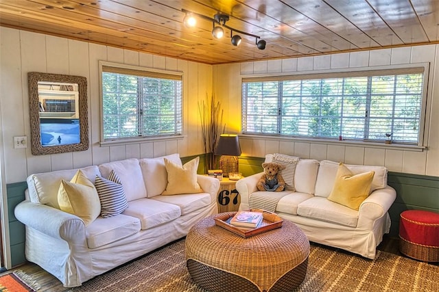 living room featuring wooden ceiling