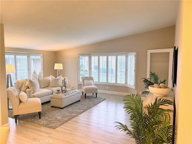 living room with vaulted ceiling and light wood-type flooring