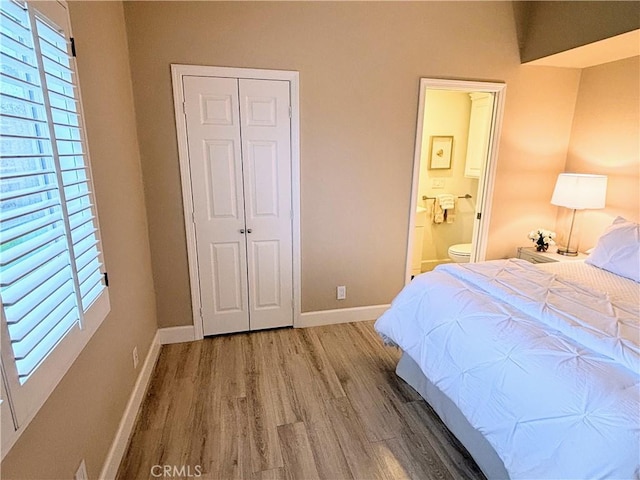 bedroom with connected bathroom, wood-type flooring, and a closet