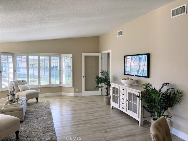 living area featuring lofted ceiling, a wealth of natural light, a textured ceiling, and light hardwood / wood-style flooring