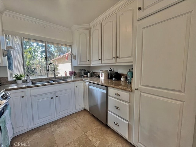 kitchen featuring sink, stainless steel dishwasher, and white cabinets